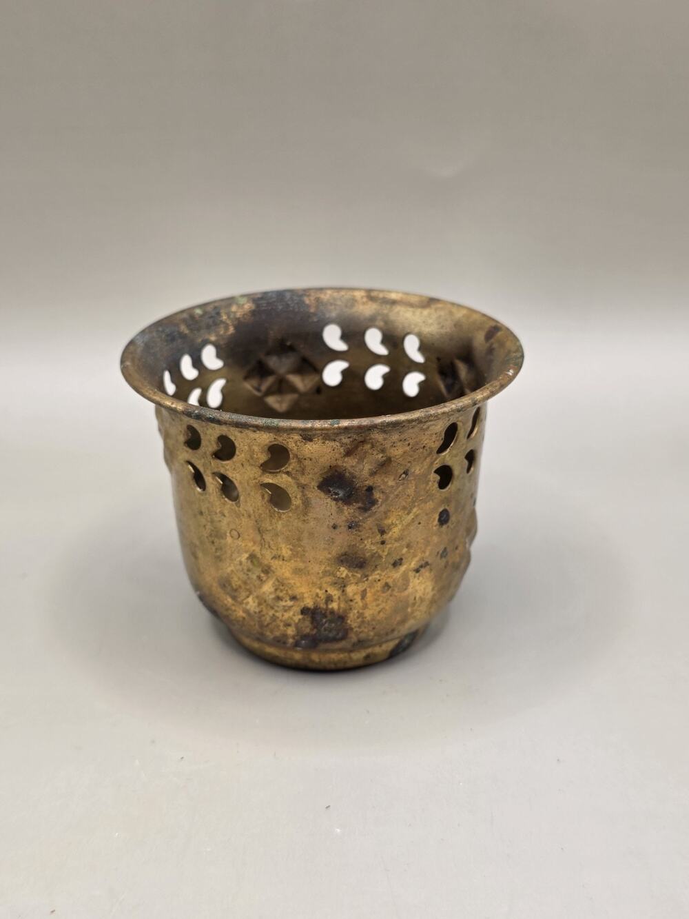 Vintage Solid Brass Pierced Votive Candle Holder Cup Distressed Patina India
